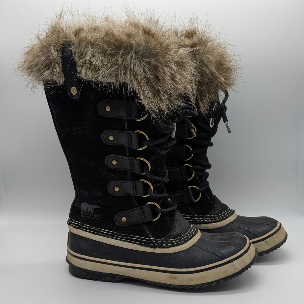 Sorel Joan Of Arctic Black Suede Leather Faux Fur Trim Waterproof Winter Boot 7
